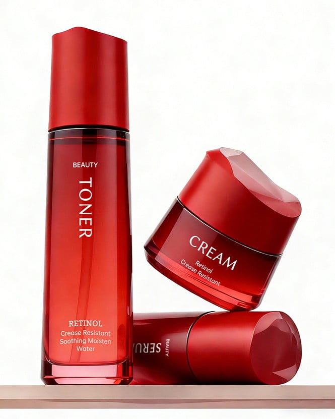 Premium ABS cosmetic packaging material showcasing metallized lipstick tubes, soft-touch compact powder cases, and luxurious cream jar closures