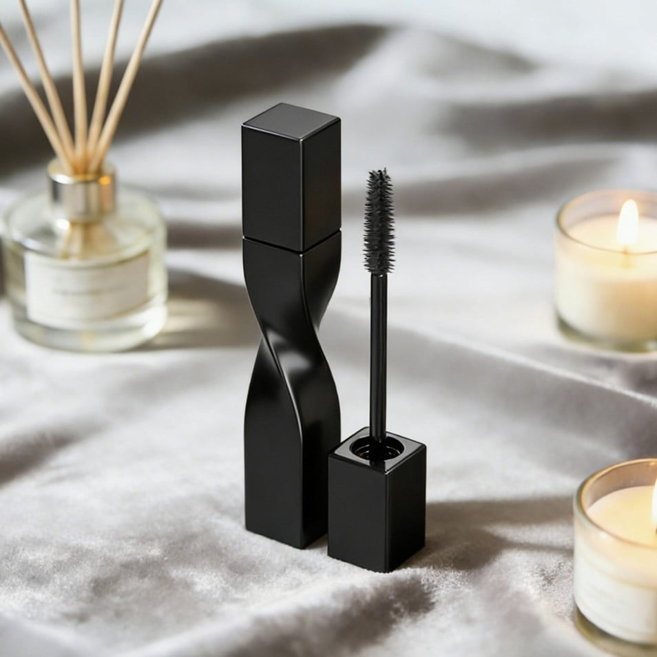 Slender ABS mascara and liquid eyeliner tubes with complex surface decorations