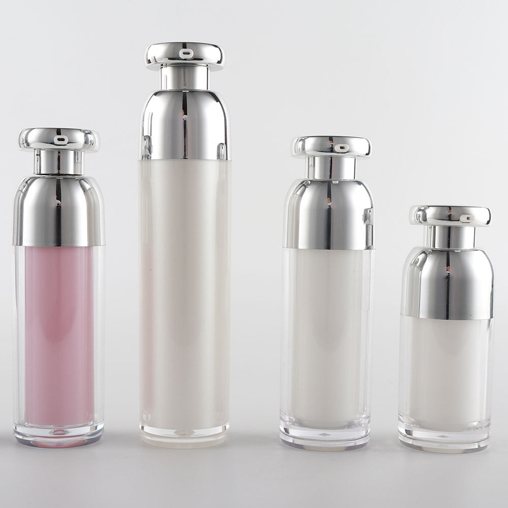 Transparent acrylic outer tubes with internal PP airless systems and electroplated pump heads for cosmetic serums