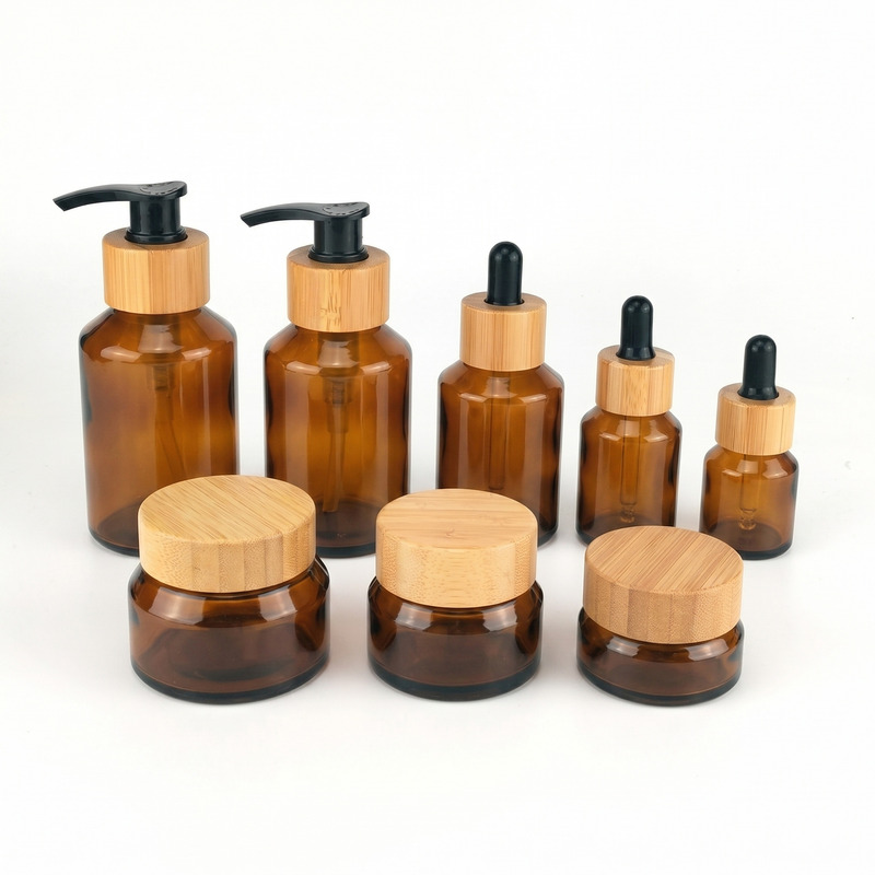 Amber glass cosmetic bottle with bamboo cap