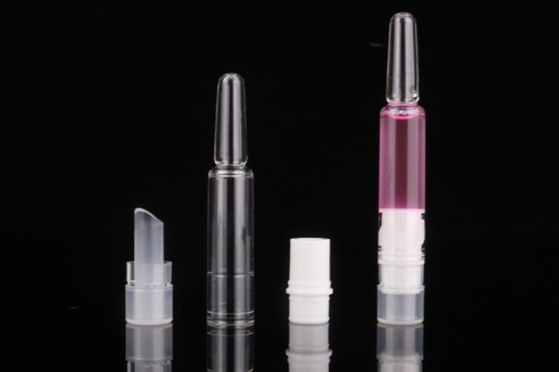 Connected strips of PP/PE plastic single-dose vials showing flexibility and clarity