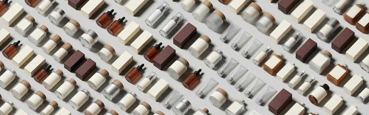 Cosmetic packaging prototyping and engineering process showing physical samples and 3D models