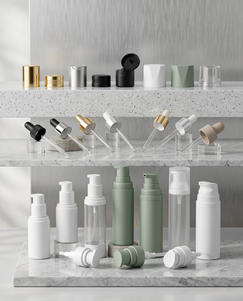 Premium cosmetic packaging closures, droppers, and all-plastic PP airless pumps manufactured by Fomalhaut