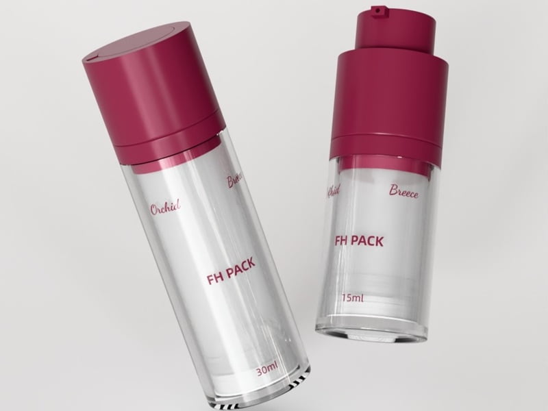 3D exploded view of cosmetic airless pump technology showing vacuum piston and air isolation for formula protection