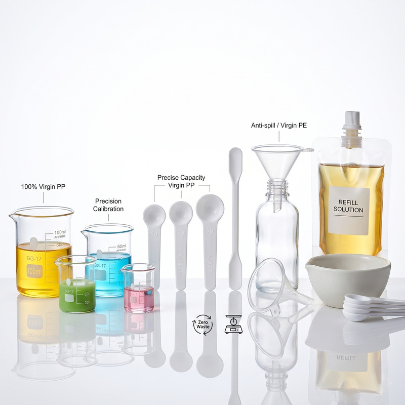 Cosmetic mini funnels and measuring scoops for refillable packaging