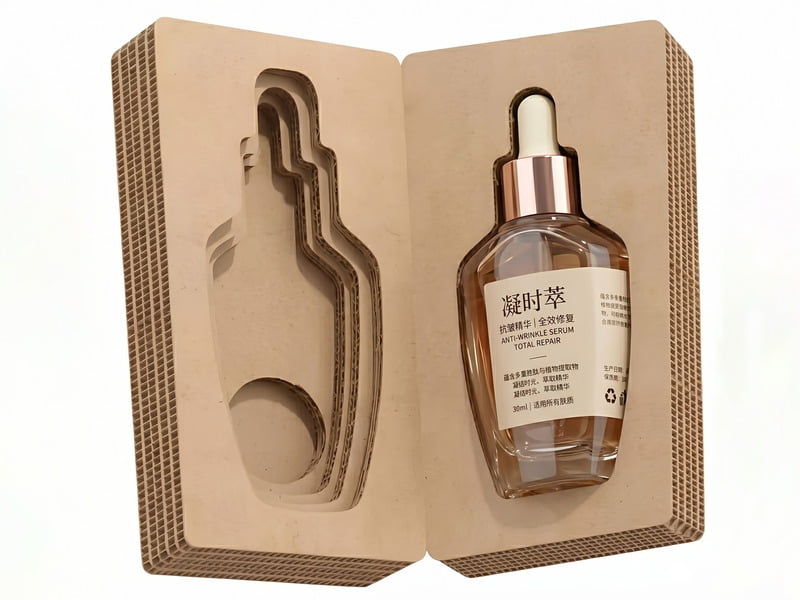 Cross section of die-cut paperboard insert suspending a glass serum bottle