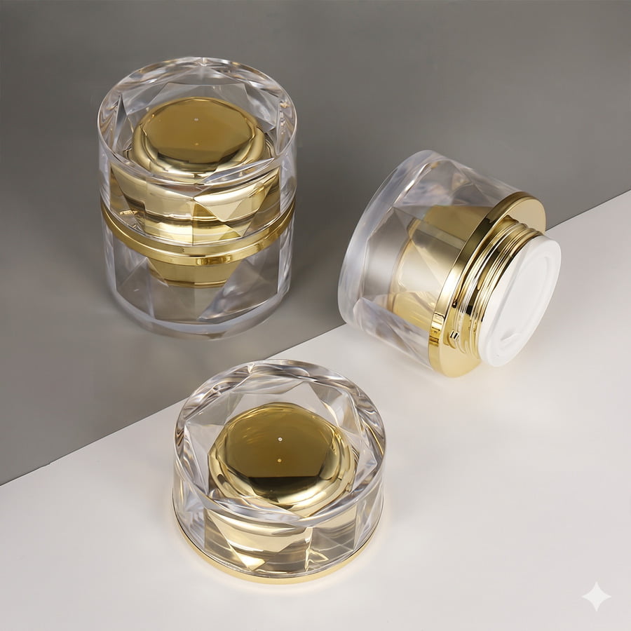 Transparent thick acrylic outer shells with electroplated inner bowls and acrylic caps for premium cosmetic cream packaging