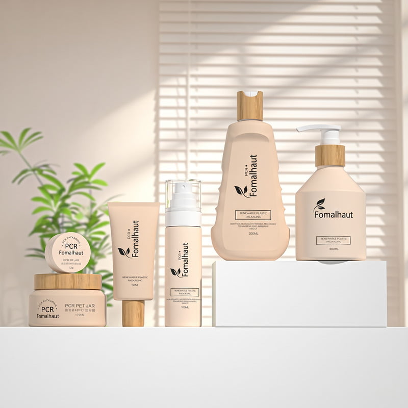 Organic cosmetic packaging featuring earth tones, PCR materials, and bamboo closures