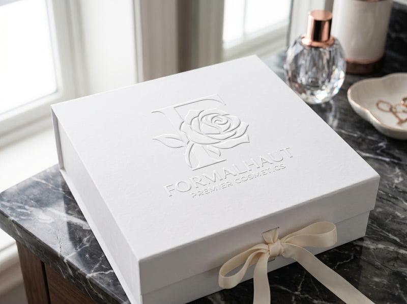 Minimalist pure white cosmetic carton featuring a sophisticated blind embossed 3D logo texture without any ink