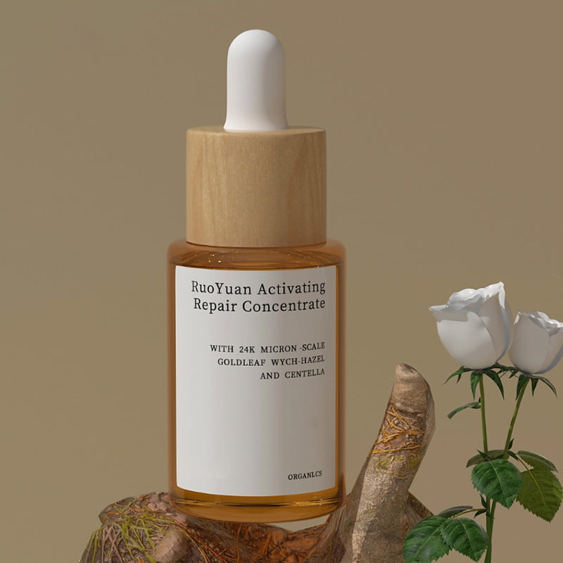 Glass cosmetic bottles paired with natural bamboo caps and accessories