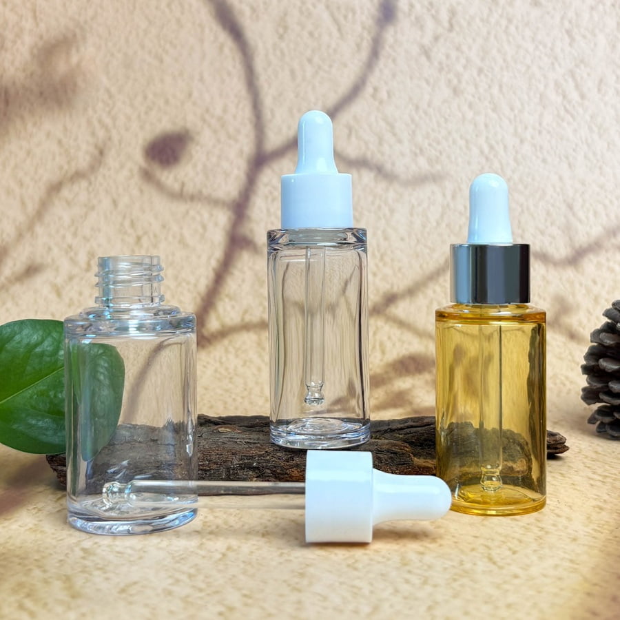 Heavy-base PETG serum dropper bottles with anodized aluminum collars for high-concentration facial oils