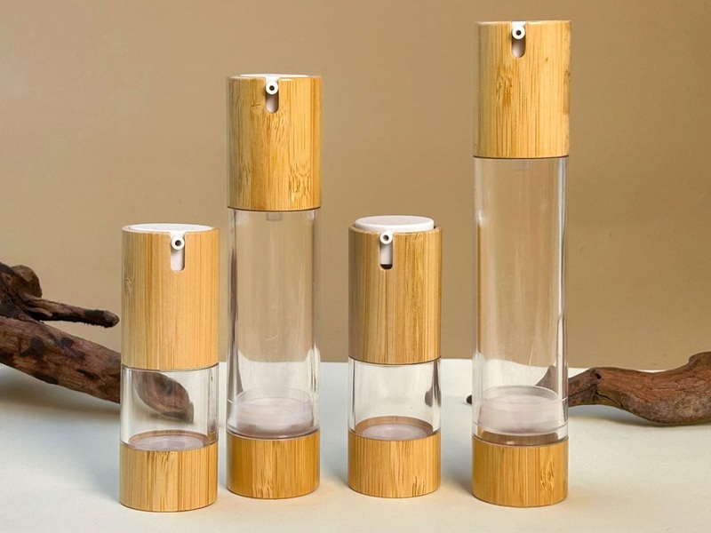 Heavy-base glass bamboo shell airless pump bottle