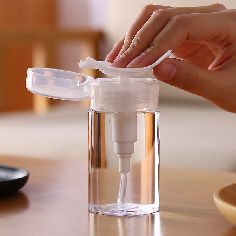 High-clarity PET makeup remover bottles with push-down pumps and disc top caps for micellar waters