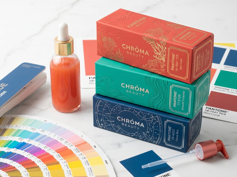 Highly saturated, vibrant cosmetic packaging boxes displayed next to a precise Pantone color matching guide