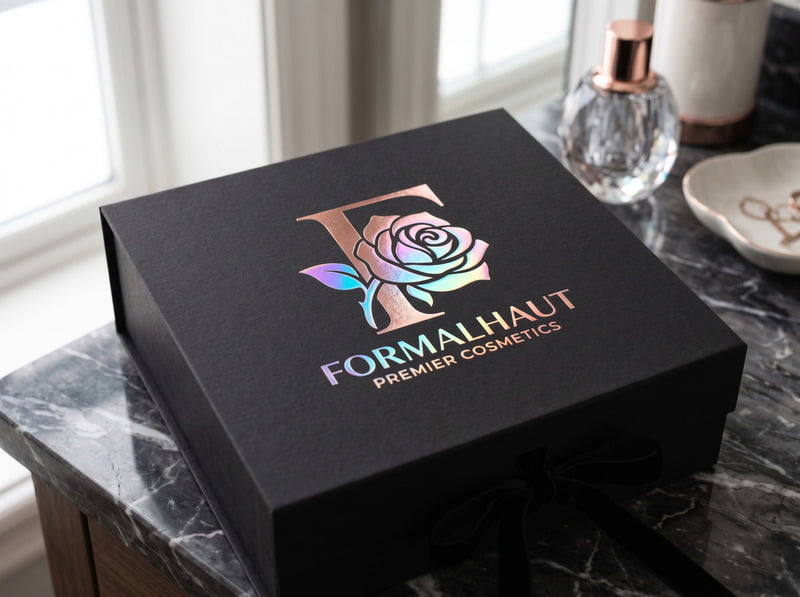 Close-up of a matte black cosmetic box featuring a striking rose gold and holographic hot foil stamped logo