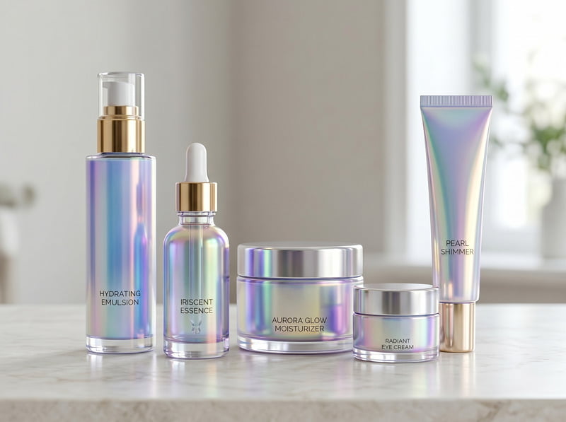 Iridescent pearl finish on makeup packaging