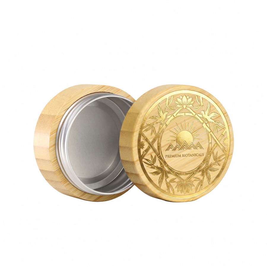 Matte bamboo cosmetic packaging surface contrasting with shining metal foil hot stamped logo