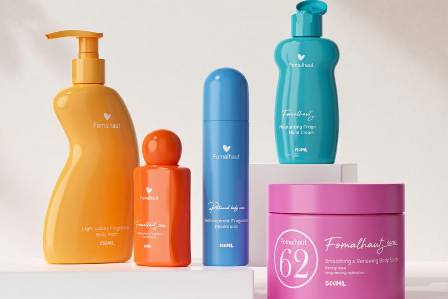 Physical cosmetic packaging prototypes with custom decoration finishes
