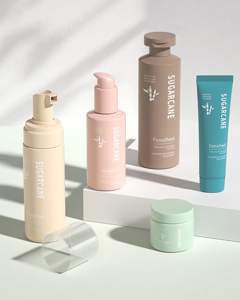 Sleek, futuristic mono-material PP cosmetic bottles highlighting sustainable packaging