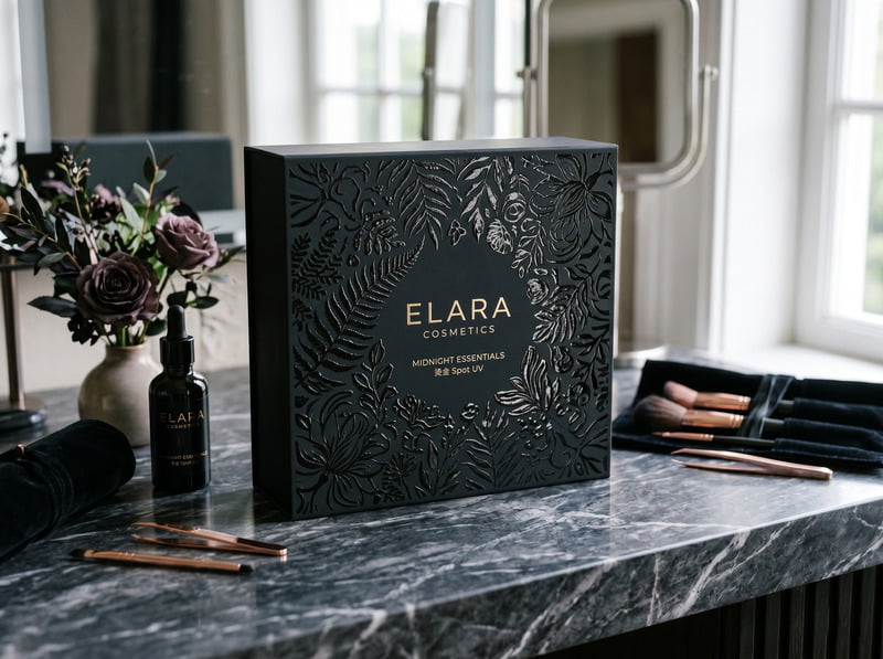 Dark cosmetic box with soft-touch lamination and high-gloss raised Spot UV patterns creating visual contrast