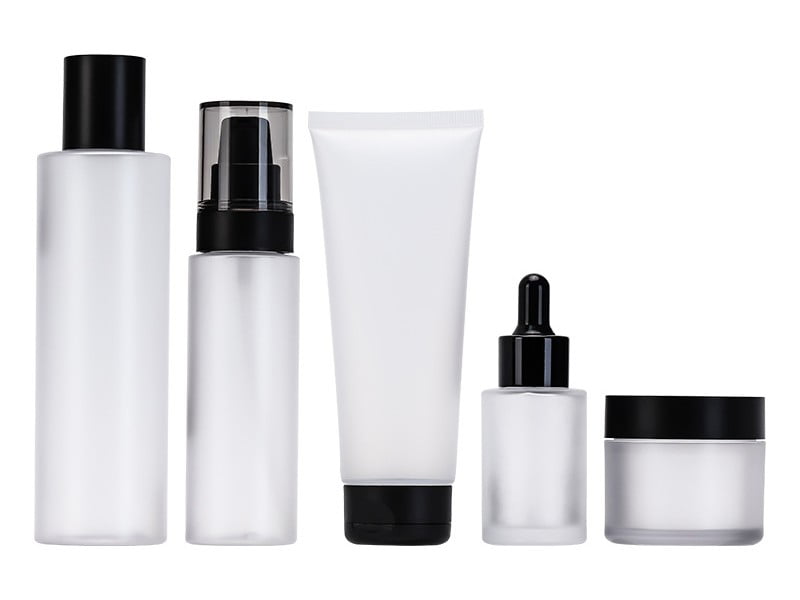 Standard cosmetic glass bottles and minimalist plastic containers