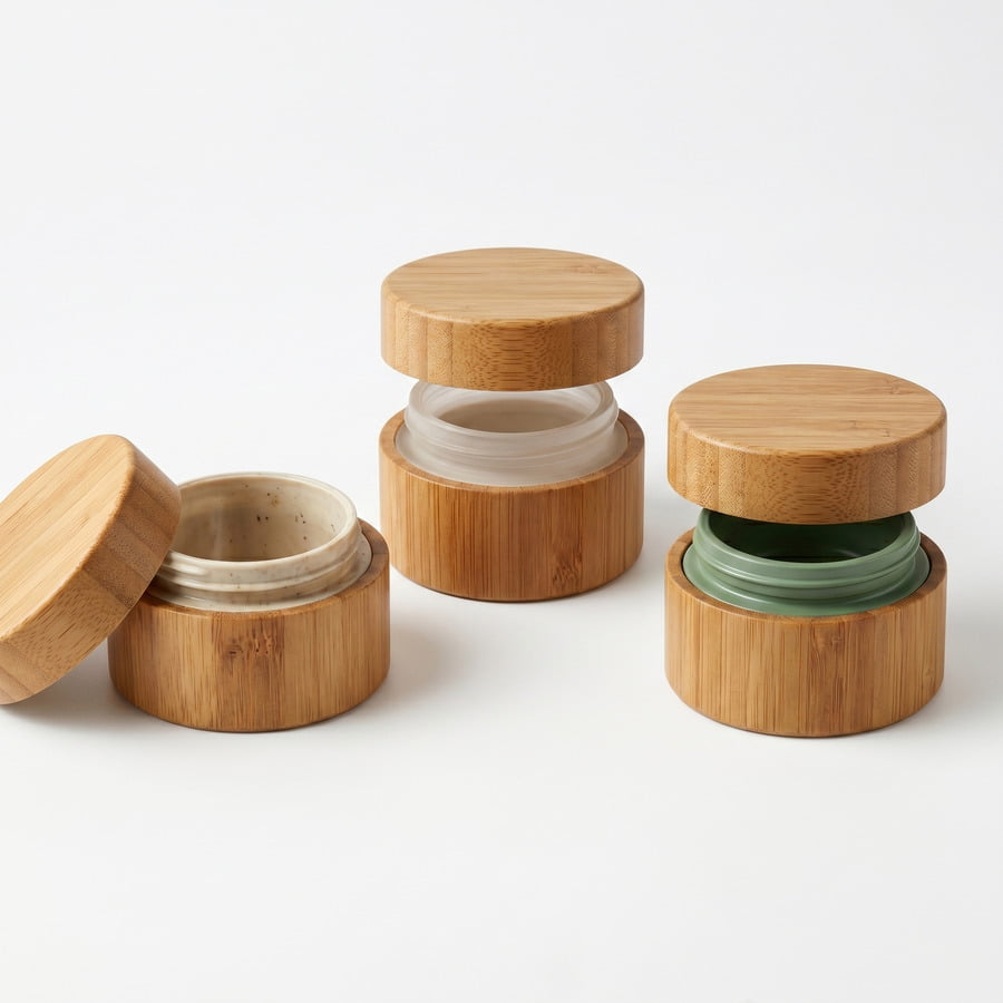 Frosted heavy-base glass cosmetic bottles paired with natural bamboo caps and customized PCR bottles