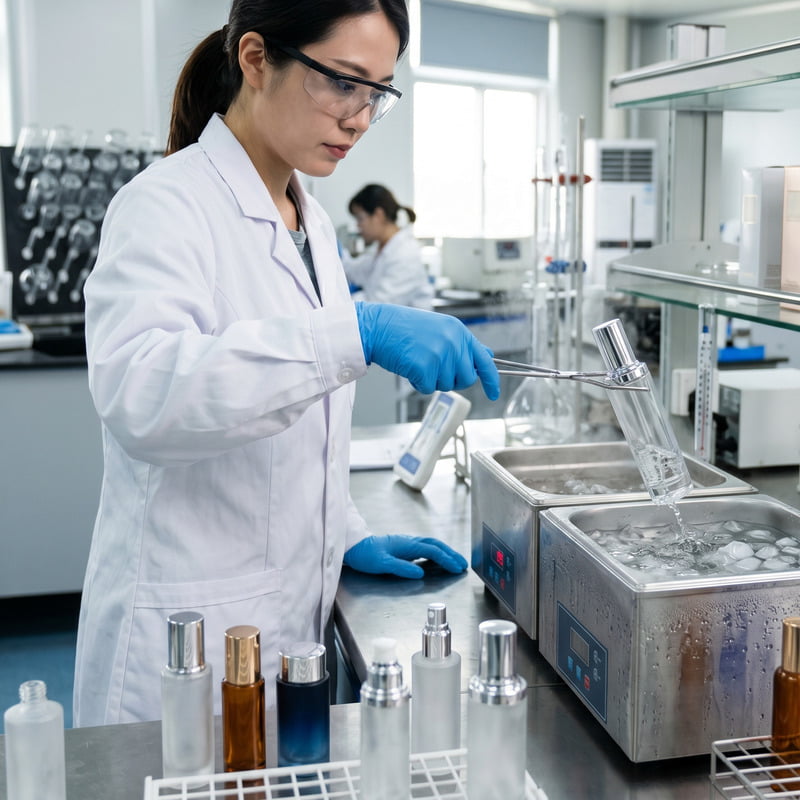 Thermal shock resistance testing for premium glass cosmetic packaging