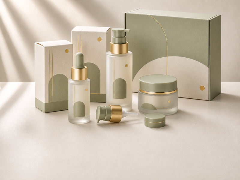 Fomalhaut cosmetic packaging displayed with matching boxes and bags