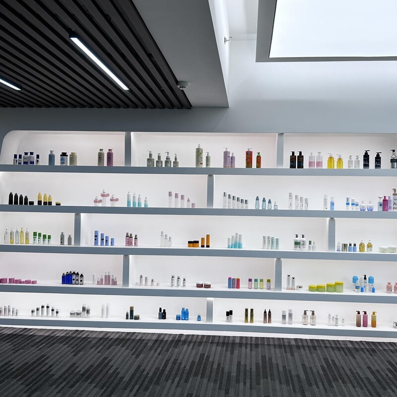 Cosmetic packaging samples displayed in the factory sample room