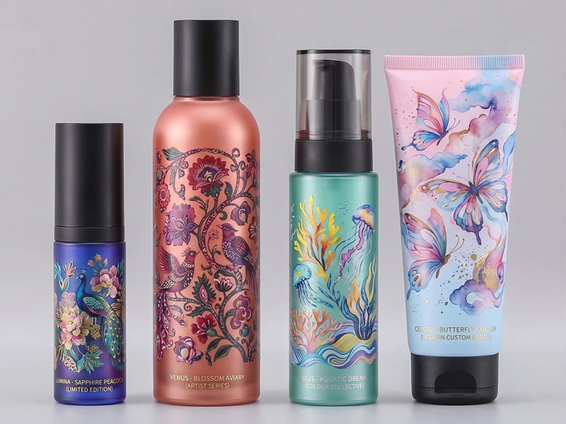 Cosmetic bottles and tube with detailed UV printed artwork