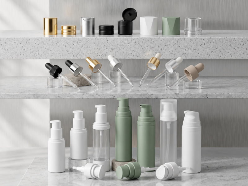 Assorted pumps, sprayers and droppers for cosmetic packaging