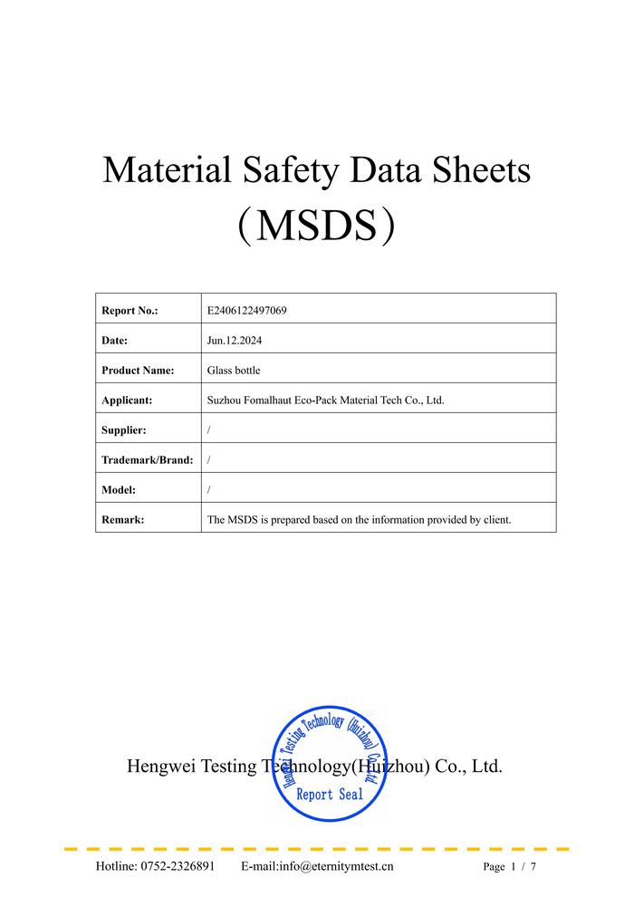 Glass bottle MSDS report