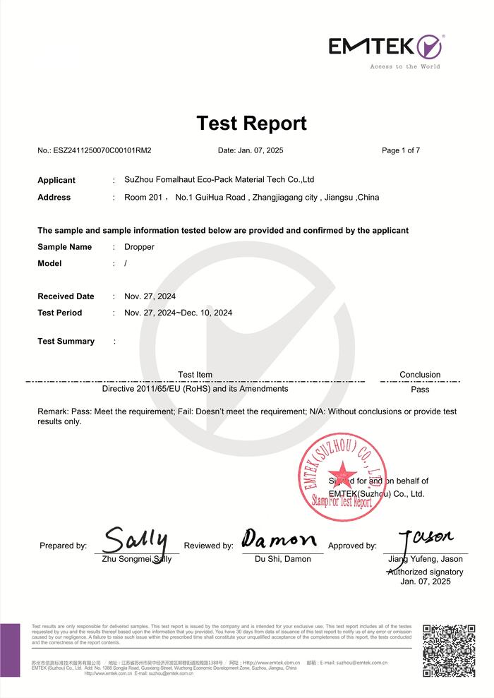 Cosmetic dropper RoHS test report