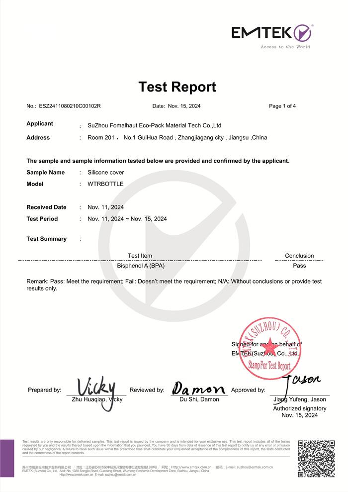 Silicone bottle cover BPA test report