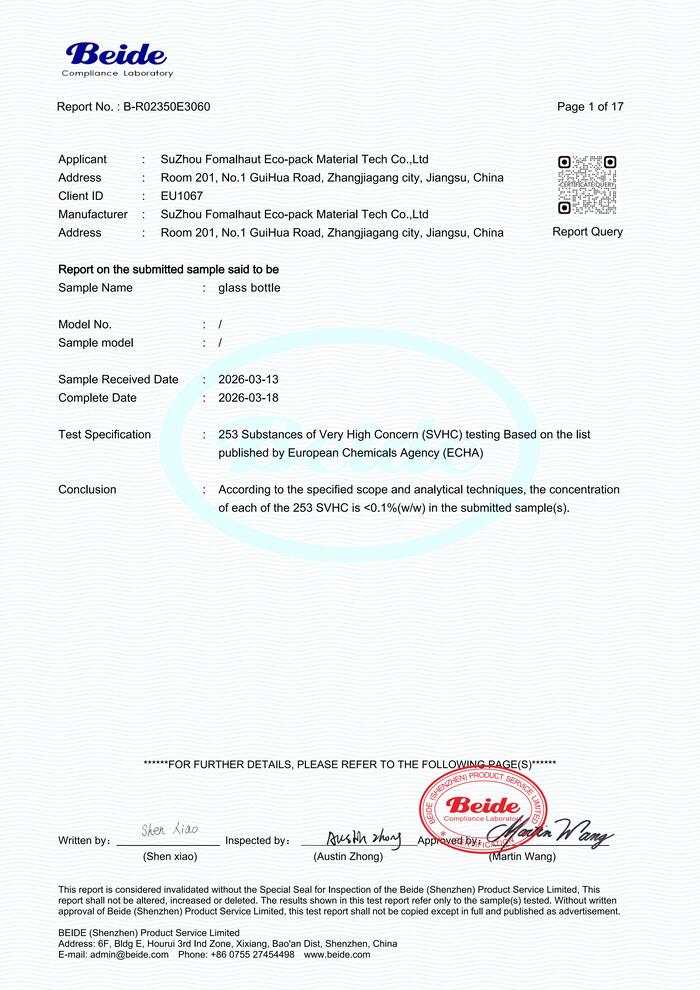 Glass bottle REACH test report