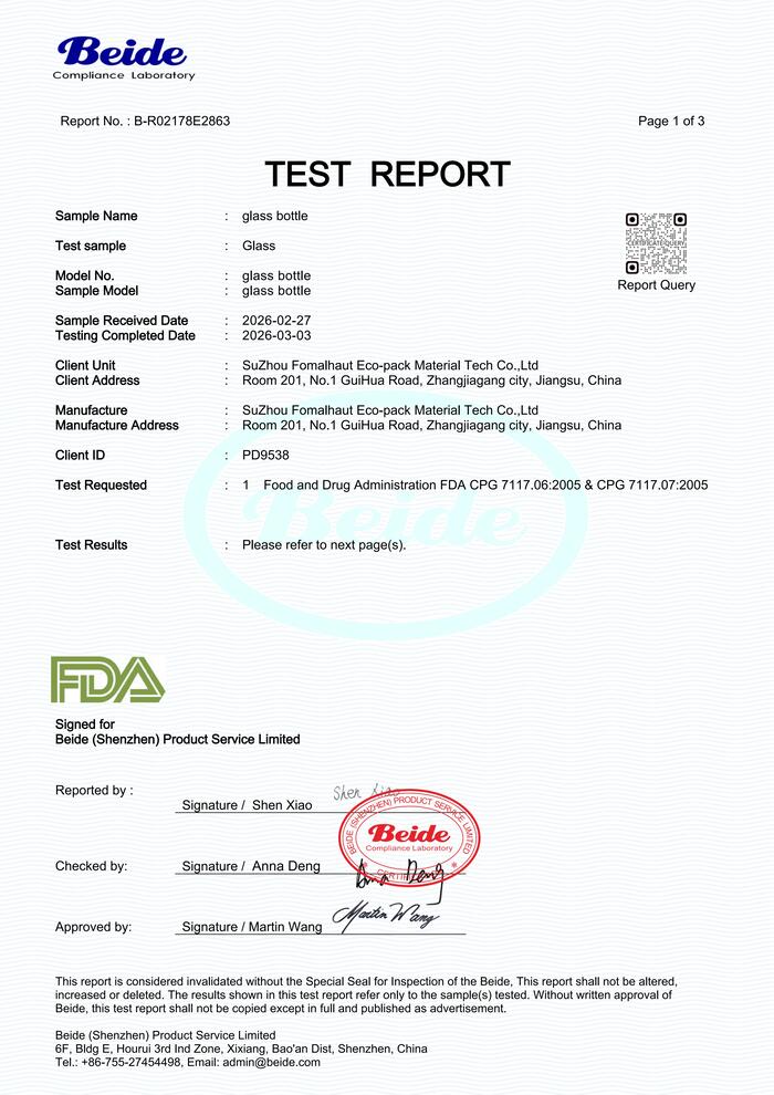 Glass bottle FDA test report
