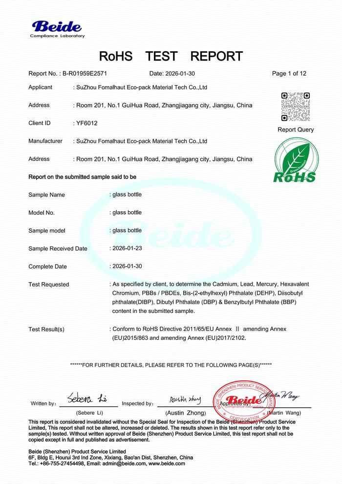 Glass bottle RoHS test report