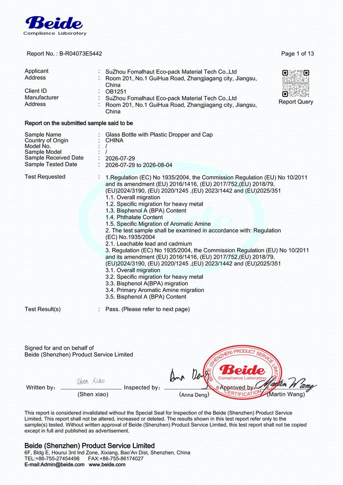 Glass dropper bottle EU food contact test report