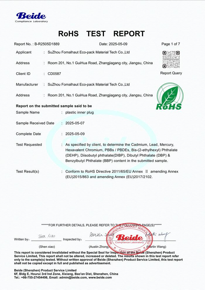 Plastic inner plug RoHS test report
