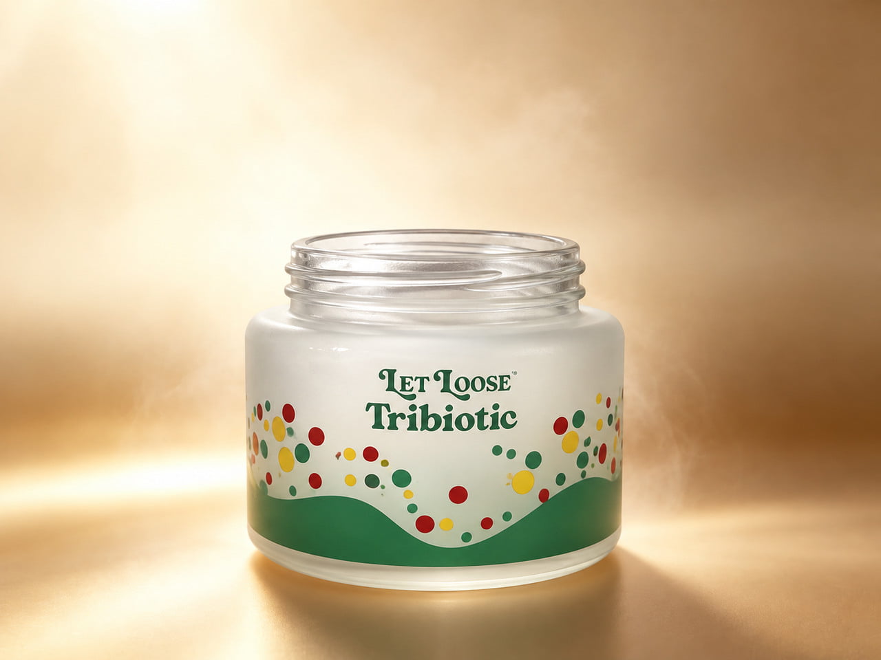 Frosted cream jar illustration with green lettering and colored dots