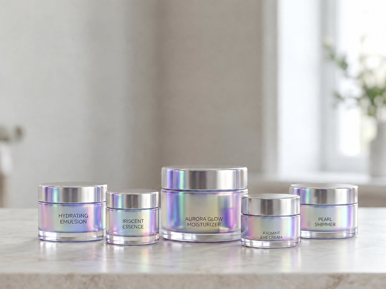 Five cream jars illustrating pearlescent finishes and silver-colored lids