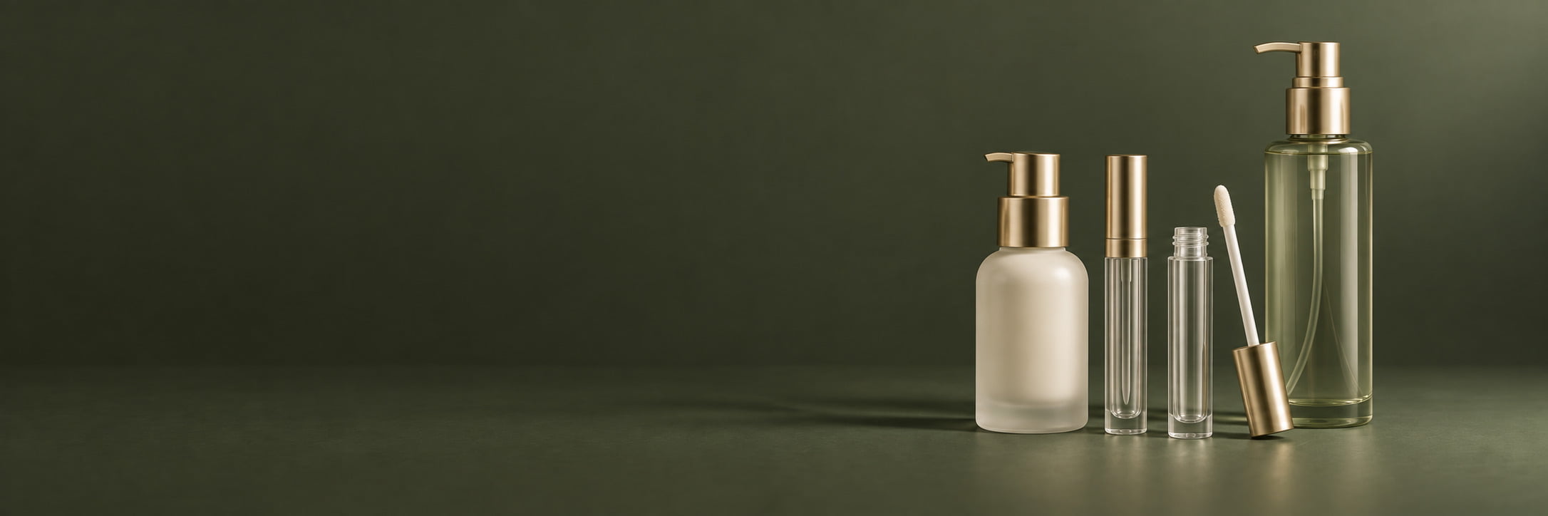 Makeup packaging featuring a foundation bottle, lip gloss tubes and a makeup remover bottle with gold-colored closures.