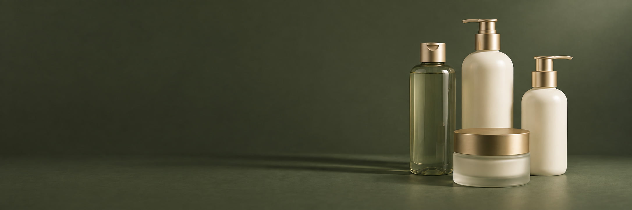 Personal care packaging bottles and jar with gold-colored pumps and caps