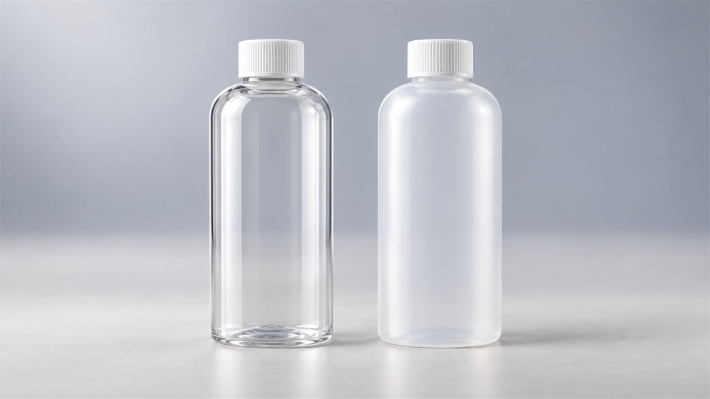 PET vs HDPE cosmetic packaging comparison with clear and translucent bottles displayed side by side.