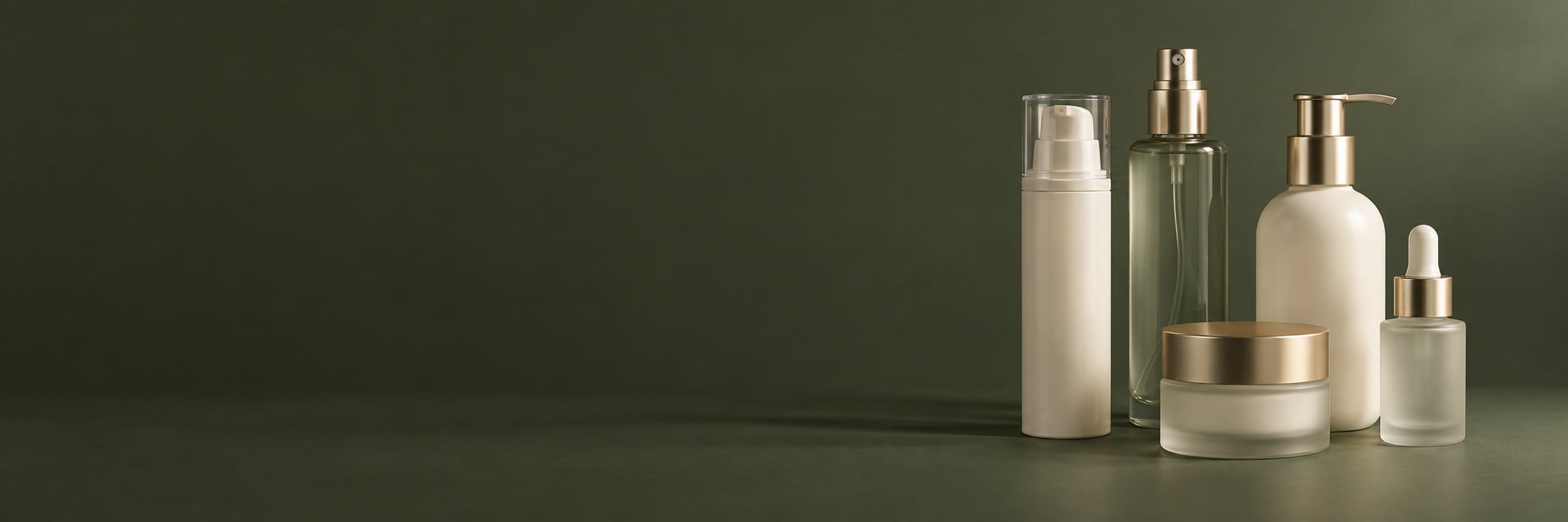 Skincare packaging bottles and jars with gold pumps, droppers and lids