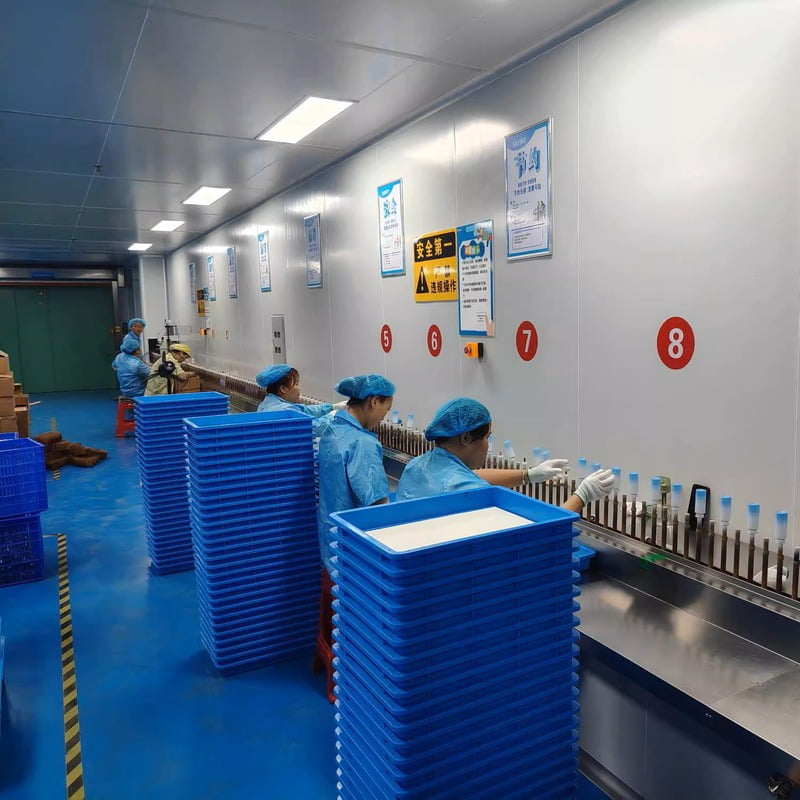 Workers inspecting cosmetic containers at factory workstations