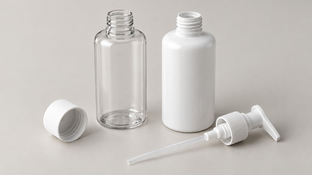 Cosmetic bottles with exposed threaded necks beside a screw cap and lotion pump.