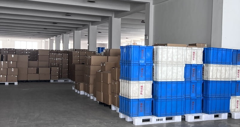 Packed cartons and pallets in the cosmetic packaging factory warehouse