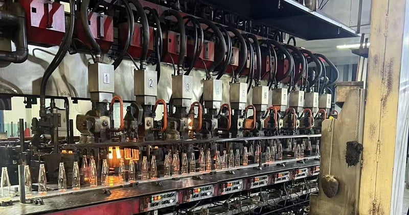 Glass bottles moving through a glass bottle production line