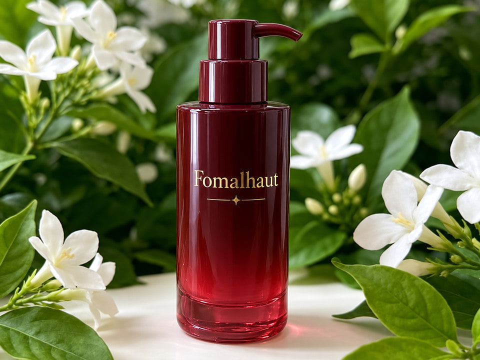 Illustration of a burgundy lotion pump bottle with gold foil-style lettering